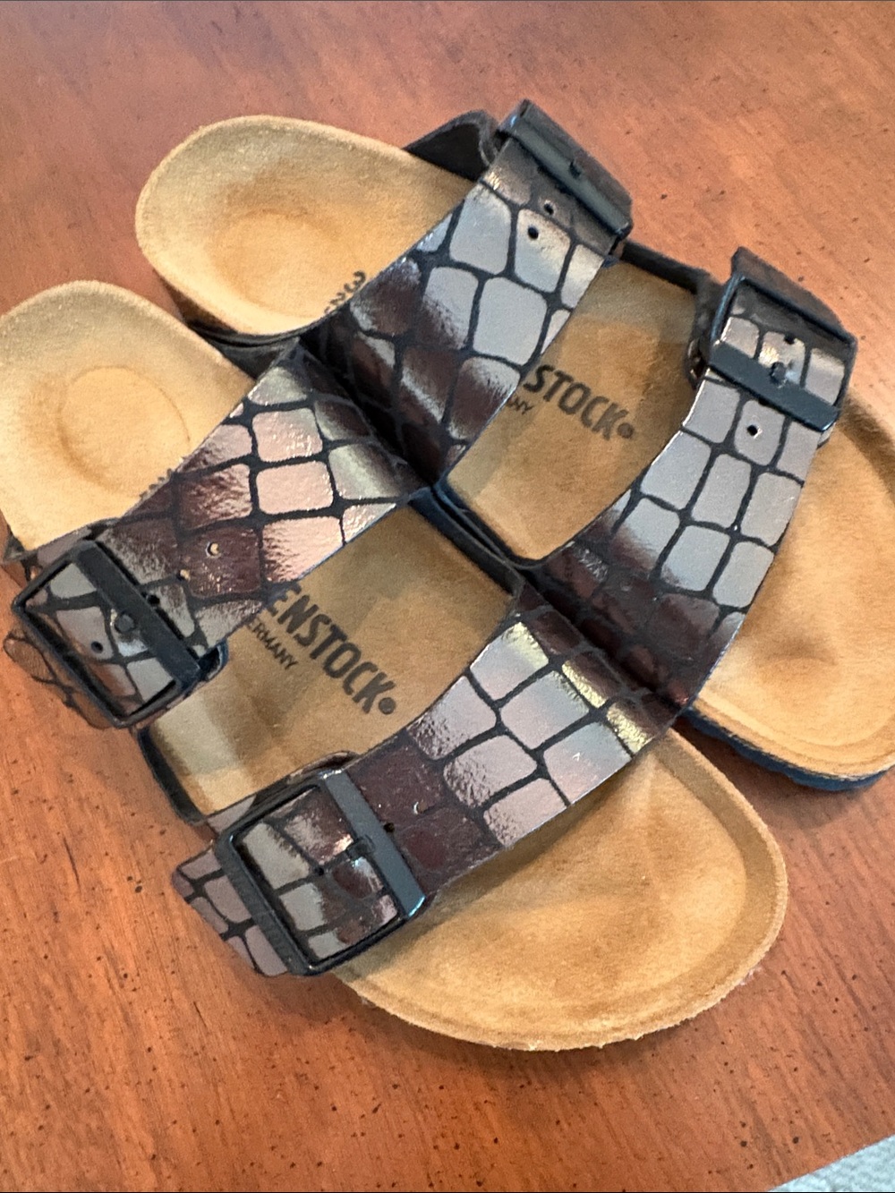 Birkenstock Arizona Metallic Croc-Print Dual Buckle Sandal - Picture 7 of 7